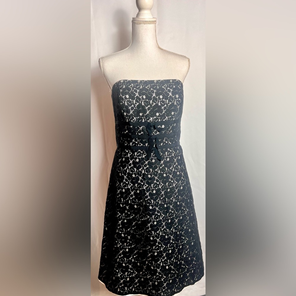 White House Black Market Ivory Black Lace Overlay Strapless Dress Size 12
